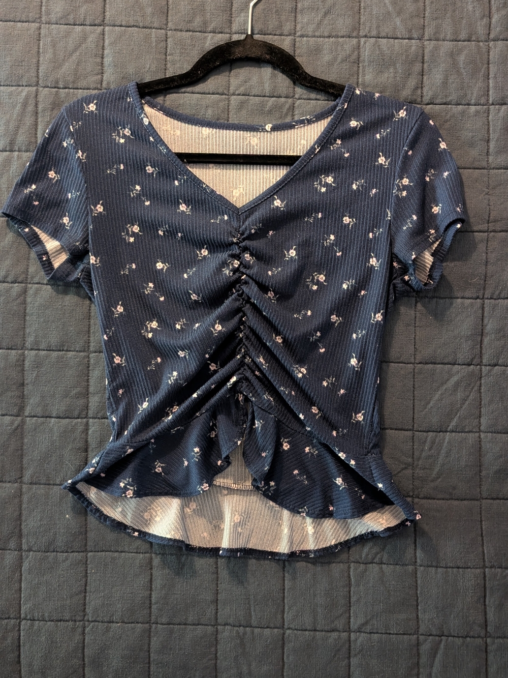 Love Wins Ruched V-Neck Floral Top - Navy